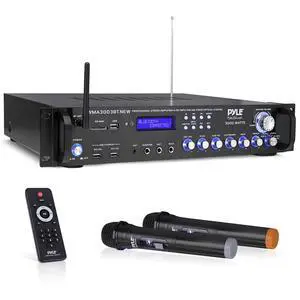 Bluetooth Home Audio Power Amplifier -4 Ch. 3000W, Stereo Receiver w/Speaker Selector, FM Radio, USB, Headphone, 2 Wireless Mics for Karaoke, Great for Home Entertainment System - PWMA3003BT.NEW Bluetooth Home Audio Power Amplifier -4 Ch. 3000W, Stereo Receiver w/Speaker Selector, FM Radio, USB, Headphone, 2 Wireless Mics for Karaoke, Great for Home Entertainment System - PWMA3003BT.NEW