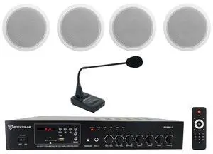 RCS80-1 60W 70V Restaurant Amp Bundle with 4 Ceiling Speakers | Bluetooth/USB/SD/FM, 2 Mic Inputs, CH-MIC70 Paging Microphone with Chimes, 4 CCL6T White 6" Speakers, Office, 6-Items RCS80-1 60W 70V Restaurant Amp Bundle with 4 Ceiling Speakers | Bluetooth/USB/SD/FM, 2 Mic Inputs, CH-MIC70 Paging Microphone with Chimes, 4 CCL6T White 6" Speakers, Office, 6-Items