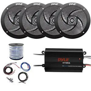 Marine 4-Channel Bluetooth Waterproof Amplifier Bundle Combo with 4X 6.5 Waterproof Weather Resistant 240W Peak Black Audio Speakers, Amp Install Kit, 18-G 50 Ft Speaker Wire Marine 4-Channel Bluetooth Waterproof Amplifier Bundle Combo with 4X 6.5 Waterproof Weather Resistant 240W Peak Black Audio Speakers, Amp Install Kit, 18-G 50 Ft Speaker Wire