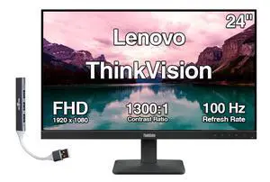 ThinkVision 24" FHD IPS Monitor w/ 100 Hz Refresh Rate, VESA Mount | 4ms Response Time, Flicker Free, Anti-Glare, HDMI & DKZ USB Expander, Black ThinkVision 24" FHD IPS Monitor w/ 100 Hz Refresh Rate, VESA Mount | 4ms Response Time, Flicker Free, Anti-Glare, HDMI & DKZ USB Expander, Black