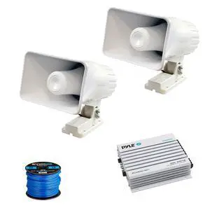 2X Pyle 6" 50 Watt Indoor/Outdoor Waterproof Home PA Horn Speakers with Pyle Elite Series Marine Bluetooth 4-Channel Amplifier Grade 50 Foot 16-Gauge Speaker Wire 2X Pyle 6" 50 Watt Indoor/Outdoor Waterproof Home PA Horn Speakers with Pyle Elite Series Marine Bluetooth 4-Channel Amplifier Grade 50 Foot 16-Gauge Speaker Wire