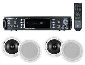 RPA60BT V2 Commercial Audio Amp with 4 HC85 Ceiling Speakers | 1000W Peak / 250W RMS, Bluetooth, Optical/Coaxial/RCA Inputs, 4 White 8" Ceiling Speakers, Office and Restaurant Use, 5-Items RPA60BT V2 Commercial Audio Amp with 4 HC85 Ceiling Speakers | 1000W Peak / 250W RMS, Bluetooth, Optical/Coaxial/RCA Inputs, 4 White 8" Ceiling Speakers, Office and Restaurant Use, 5-Items