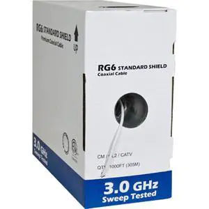 RG6 Standard Shield Bulk Coaxial Cable, White, 1000ft, 75 Ohm, 18AWG, Solid CCS, AL Foil and 60% AL Braid, CM & CL2 Rated RG6 Standard Shield Bulk Coaxial Cable, White, 1000ft, 75 Ohm, 18AWG, Solid CCS, AL Foil and 60% AL Braid, CM & CL2 Rated