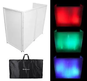 RFXLW White Portable DJ Facade, 112" x 48" Steel Frame Booth | Includes Carry Bag, White Lycra Scrims, 4 Foldable Panels, Fire-Retardant, Rubber Feet and Spikes, Quick Setup RFXLW White Portable DJ Facade, 112" x 48" Steel Frame Booth | Includes Carry Bag, White Lycra Scrims, 4 Foldable Panels, Fire-Retardant, Rubber Feet and Spikes, Quick Setup