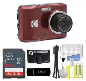 Kodak PIXPRO FZ45 16MP Digital Camera 4X Optical Zoom 27mm Wide Angle 1080P Full HD Video 2.7" LCD Camera (Red) + 64GB Card and Reader + Memory Wallet + Tripod + Cleaning Bundle Kodak PIXPRO FZ45 16MP Digital Camera 4X Optical Zoom 27mm Wide Angle 1080P Full HD Video 2.7" LCD Camera (Red) + 64GB Card and Reader + Memory Wallet + Tripod + Cleaning Bundle