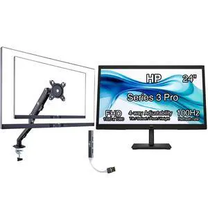 HP Series 3 Pro 24" 100Hz FHD IPS Monitor with Adjustable Tilt/Swivel/Pivot/Height, VESA Mount (100mm), VGA, Displayport, HDMI, Black w/DKZ Hub & ErgoFlexy Single Mount Arm HP Series 3 Pro 24" 100Hz FHD IPS Monitor with Adjustable Tilt/Swivel/Pivot/Height, VESA Mount (100mm), VGA, Displayport, HDMI, Black w/DKZ Hub & ErgoFlexy Single Mount Arm