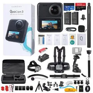QooCam 3 360° Action Camera Travel Combo | Dual-Lens 5.7K Video Capture with Image Stabilization, Waterproof Design | 64GB Card + 50-in-1 Accessory Kit QooCam 3 360° Action Camera Travel Combo | Dual-Lens 5.7K Video Capture with Image Stabilization, Waterproof Design | 64GB Card + 50-in-1 Accessory Kit