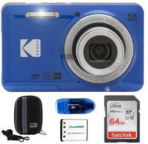 Pixpro FZ55 Digital Camera Bundle, Includes: SanDisk 64GB SDXC Memory Card, Hard Shell Camera Case, SD Card Reader and More (5 Items) (Blue) Pixpro FZ55 Digital Camera Bundle, Includes: SanDisk 64GB SDXC Memory Card, Hard Shell Camera Case, SD Card Reader and More (5 Items) (Blue)