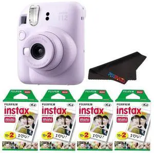 Instax Mini 12 Camera with Instant Mini Film and PixiBytes Microfiber Cleaning Cloth... (Lilac Purple, Camera + 4 Twin Pack) Instax Mini 12 Camera with Instant Mini Film and PixiBytes Microfiber Cleaning Cloth... (Lilac Purple, Camera + 4 Twin Pack)