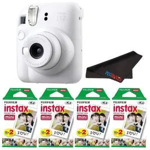 Instax Mini 12 Camera with Instant Mini Film and PixiBytes Microfiber Cleaning Cloth... (Clay White, Camera + 4 Twin Pack) Instax Mini 12 Camera with Instant Mini Film and PixiBytes Microfiber Cleaning Cloth... (Clay White, Camera + 4 Twin Pack)