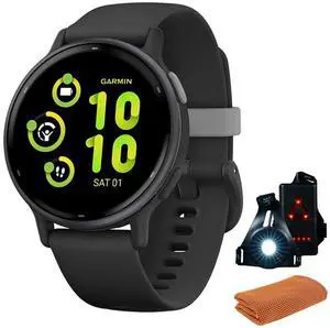 010-02862-10 Vivoactive 5 Fitness Smartwatch, Black Bundle with Workout Cooling Sport Towel and Deco Essentials Wearable Commuter Front and Rear Safety Light 010-02862-10 Vivoactive 5 Fitness Smartwatch, Black Bundle with Workout Cooling Sport Towel and Deco Essentials Wearable Commuter Front and Rear Safety Light