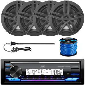 Single Din Marine Bluetooth USB/AUX Stereo Receiver, 4X Enrock 6.5" 180 Watt Boat Black Speakers, Long Range Black Radio Antenna, Speaker Wire Single Din Marine Bluetooth USB/AUX Stereo Receiver, 4X Enrock 6.5" 180 Watt Boat Black Speakers, Long Range Black Radio Antenna, Speaker Wire