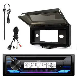 Single DIN Marine Bluetooth Stereo CD Receiver, Radio Cover, USB/AUX Adapter, Long Range AM/FM Radio Antenna Single DIN Marine Bluetooth Stereo CD Receiver, Radio Cover, USB/AUX Adapter, Long Range AM/FM Radio Antenna