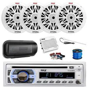 Pyle PLCDBT65 Bluetooth Marine Stereo AM/FM CD Stereo Receiver, Cover, 4-Channel Amplifier w/Kit, 4X 6.5 200 Watt Peak Full Range 2-Way Waterproof Speakers w/Wire, Long Range Radio Antenna Pyle PLCDBT65 Bluetooth Marine Stereo AM/FM CD Stereo Receiver, Cover, 4-Channel Amplifier w/Kit, 4X 6.5 200 Watt Peak Full Range 2-Way Waterproof Speakers w/Wire, Long Range Radio Antenna