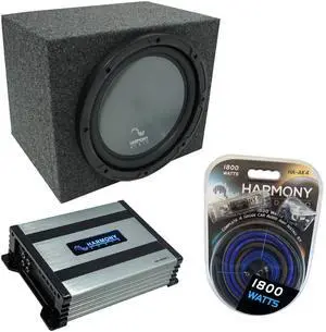 Single 12" Sealed Rearfire Sub Box with Harmony R124 Sub and HA-A400.1 Amp | Complete subwoofer package, air-tight enclosure plus power combo, deep low end upgrade, easy trunk install, 12 inch size Single 12" Sealed Rearfire Sub Box with Harmony R124 Sub and HA-A400.1 Amp | Complete subwoofer package, air-tight enclosure plus power combo, deep low end upgrade, easy trunk install, 12 inch size
