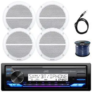 Single DIN in-Dash Marine Boat Audio Bluetooth USB Receiver Bundle Combo with 4X Enrock 6.5" White Water-Resistant Stereo Speakers, Radio Antenna, 16g 50ft Marine Speaker Wire Single DIN in-Dash Marine Boat Audio Bluetooth USB Receiver Bundle Combo with 4X Enrock 6.5" White Water-Resistant Stereo Speakers, Radio Antenna, 16g 50ft Marine Speaker Wire