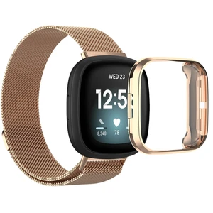 Compatible with Fitbit Versa 4 Band with Case, Metal Breathable Mesh Strap with Magnetic Clasp TPU Protective Bumper for Men Women Compatible with Fitbit Versa 4 Band with Case, Metal Breathable Mesh Strap with Magnetic Clasp TPU Protective Bumper for Men Women