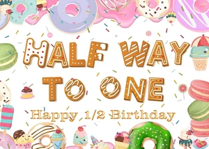 Half Way to One Donut Happy 1/2th Birthday Banner Background, 1/2 Birthday Party First 6 Months Photography Backdrop Supplies for Half Anniversary Girls Boys(6ft×4ft) Half Way to One Donut Happy 1/2th Birthday Banner Background, 1/2 Birthday Party First 6 Months Photography Backdrop Supplies for Half Anniversary Girls Boys(6ft×4ft)