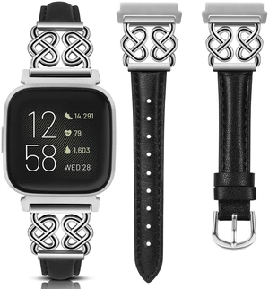 Leather Band Compatible with Fitbit Versa 2/1/Lite Bands Women, Dressy Slim Premium Leather Strap with Designer Celtic Heart Knot Buckle for Versa 2 Smartwatch Accessories Leather Band Compatible with Fitbit Versa 2/1/Lite Bands Women, Dressy Slim Premium Leather Strap with Designer Celtic Heart Knot Buckle for Versa 2 Smartwatch Accessories