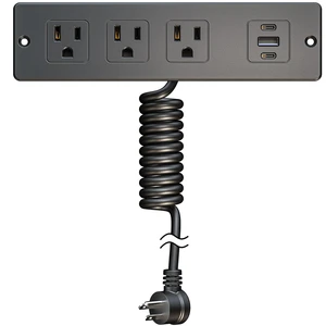 Recessed Furniture Drawer Outlet with 3 Fast-Charging USB Ports & 3 AC Outlets 5 FT Spring Cord- (Black) Recessed Furniture Drawer Outlet with 3 Fast-Charging USB Ports & 3 AC Outlets 5 FT Spring Cord- (Black)