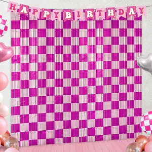 Preppy Birthday Party Streamers Backdrops Decorations, 4 Pcs Pink Checkered Foil Fringe Curtain Photo Booth Props for Girls Race Car Smiley Face Baby Shower Party Decor Supplies Preppy Birthday Party Streamers Backdrops Decorations, 4 Pcs Pink Checkered Foil Fringe Curtain Photo Booth Props for Girls Race Car Smiley Face Baby Shower Party Decor Supplies