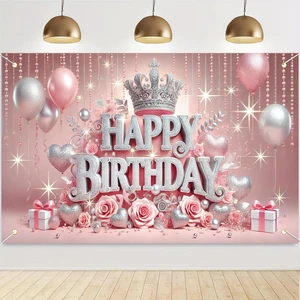 Pink Crown Roses Polyester Birthday Banner 71x43 Inch Polyester, Pink Rose Crown Theme, Happy birthday backdrop for Hall, Party Room Pink Crown Roses Polyester Birthday Banner 71x43 Inch Polyester, Pink Rose Crown Theme, Happy birthday backdrop for Hall, Party Room