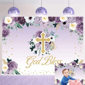 Purple Floral Baptism God Bless Backdrop 7x5ft God Bless Girls Birthday Party Decoration,First Holy Communion Christening Baby Shower Banner,Polyester Purple Floral Baptism God Bless Backdrop 7x5ft God Bless Girls Birthday Party Decoration,First Holy Communion Christening Baby Shower Banner,Polyester
