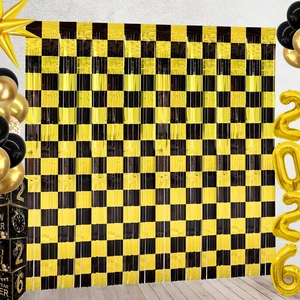 Black and Gold Party Decorations, 4 Pack Checkered Black Gold Foil Fringe Curtains Streamers Backdrop for Birthday Party, Graduation Party Decorations Black and Gold Party Decorations, 4 Pack Checkered Black Gold Foil Fringe Curtains Streamers Backdrop for Birthday Party, Graduation Party Decorations