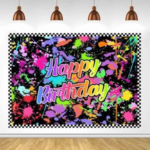 Happy Birthday Backdrop Neon Splatter Party Decor 6x4ft Glowing Graffiti Art Surface, Checkered Border Photography Banner, Retro Disco Theme Prop, Cake Table Wall Hanging Happy Birthday Backdrop Neon Splatter Party Decor 6x4ft Glowing Graffiti Art Surface, Checkered Border Photography Banner, Retro Disco Theme Prop, Cake Table Wall Hanging