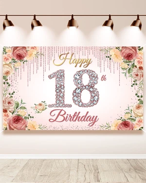 18thBirthday Decorations, Rose Gold Happy 18th Birthday Backdrop Banner for Women, Pink Floral 18 Year Old Birthday Party Yard Sign Photo Booth Props Decor, Fabric, 6.1ft x 3.6ft 18thBirthday Decorations, Rose Gold Happy 18th Birthday Backdrop Banner for Women, Pink Floral 18 Year Old Birthday Party Yard Sign Photo Booth Props Decor, Fabric, 6.1ft x 3.6ft
