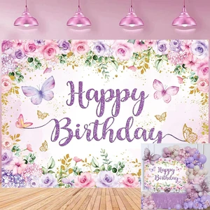 Purple Floral Happy Birthday Backdrop 7x5FT Watercolor Butterflies Flowers Photography Background Women Girls Birthday Party Decorations Cake Table Banner Photo Props Purple Floral Happy Birthday Backdrop 7x5FT Watercolor Butterflies Flowers Photography Background Women Girls Birthday Party Decorations Cake Table Banner Photo Props