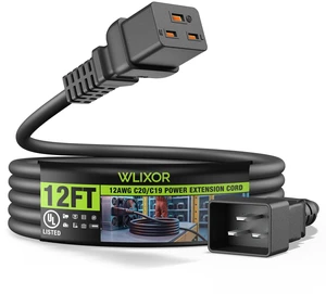 UL Listed IEC C20 to IEC C19 Power Extension Cord, 12AWG 20A 250V, 12FT Heavy-Duty AC Power Cord Replacement for Rack Server, UPS, PDU, High-Power Computer, Network Data Center Equipment UL Listed IEC C20 to IEC C19 Power Extension Cord, 12AWG 20A 250V, 12FT Heavy-Duty AC Power Cord Replacement for Rack Server, UPS, PDU, High-Power Computer, Network Data Center Equipment