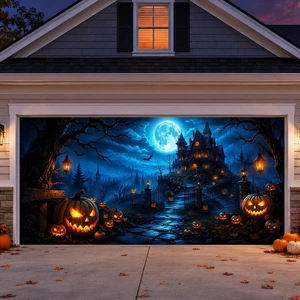 Halloween Garage Door Cover, Spooky Moon Castle Pumpkin Garage Door Decorations Banner Outdoor, Large Hanging Backdrop for Halloween Party Yard Home Decor Photo Backgrounds 7X16FT Halloween Garage Door Cover, Spooky Moon Castle Pumpkin Garage Door Decorations Banner Outdoor, Large Hanging Backdrop for Halloween Party Yard Home Decor Photo Backgrounds 7X16FT