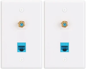Ethernet Coax Wall Plate, 3GHz, 2 Pack Includes CAT6 Keystone Coupler and 3GHz Gold Plated Coax Keystone Jack; F Type Port Wall Plate Ethernet Coax Wall Plate, 3GHz, 2 Pack Includes CAT6 Keystone Coupler and 3GHz Gold Plated Coax Keystone Jack; F Type Port Wall Plate