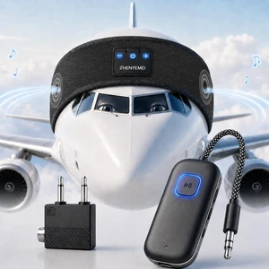 Bluetooth Transmitter with Sleep Headphones for TV and Airplane Pre-paired, soft IPX6 headband, 3.5 mm transmitter, dual-prong airline adapter, 14-hour playtime, flights, TV and workouts Bluetooth Transmitter with Sleep Headphones for TV and Airplane Pre-paired, soft IPX6 headband, 3.5 mm transmitter, dual-prong airline adapter, 14-hour playtime, flights, TV and workouts