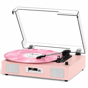 Vinyl Record Player Stereo Turntable Bluetooth with Enhanced Speakers,USB Recording, Belt-Drive Vintage Portable 3-Speed Vinyl LP Player with RCA Output/Auto-Stop, Pink Vinyl Record Player Stereo Turntable Bluetooth with Enhanced Speakers,USB Recording, Belt-Drive Vintage Portable 3-Speed Vinyl LP Player with RCA Output/Auto-Stop, Pink