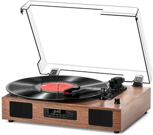 Vinyl Record Player Bluetooth Turntable with Built-in Stereo Speakers USB Recording, Vinyl to Digital, RCA Output, AUX Input, Digital Display, 3 Speed & Auto Stop, Vintage Walnut Wood Vinyl Record Player Bluetooth Turntable with Built-in Stereo Speakers USB Recording, Vinyl to Digital, RCA Output, AUX Input, Digital Display, 3 Speed & Auto Stop, Vintage Walnut Wood