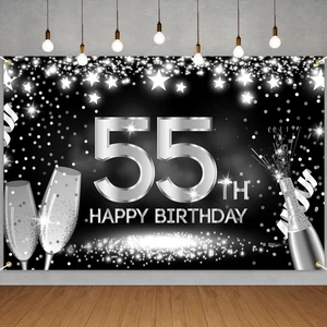 Happy 55th Birthday Banner Backdrop Silver and Black Champagne 55 Years Old Background Bday Decorations for Women Men Her Him Photography Party Supplies Glitter Happy 55th Birthday Banner Backdrop Silver and Black Champagne 55 Years Old Background Bday Decorations for Women Men Her Him Photography Party Supplies Glitter