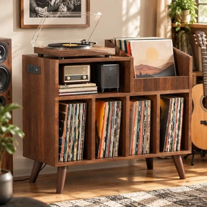 Large Record Player Stand with Built-in Outlet and LED Light, Walnut Holds Up to 350 Albums, Record Player Table Cabinet with Open Vinyl, Wood Turntable Stand with Display Shelf for Living Room Large Record Player Stand with Built-in Outlet and LED Light, Walnut Holds Up to 350 Albums, Record Player Table Cabinet with Open Vinyl, Wood Turntable Stand with Display Shelf for Living Room
