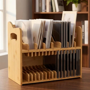 CD Holder Rack, 2-tier Bamboo DVD Organizer with Handle Solid Cassette Display Book Shelf for Movie Cases Tape CD Holder Rack, 2-tier Bamboo DVD Organizer with Handle Solid Cassette Display Book Shelf for Movie Cases Tape