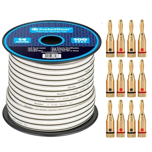 14 Gauge Speaker Wire with Banana Plugs - 100ft White Cable for Outdoor, Automotive & Marine 14 Gauge Speaker Wire with Banana Plugs - 100ft White Cable for Outdoor, Automotive & Marine