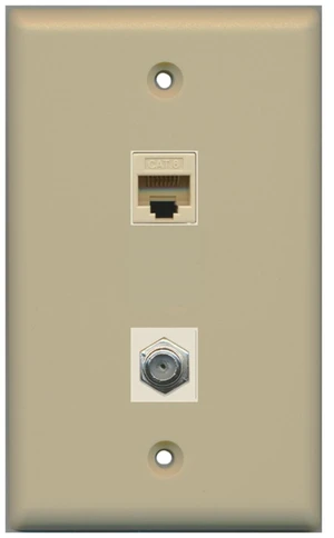 1 Port Coax Cable TV- F-Type 1 Port Cat6 Ethernet Wall Plate - Ivory 1 Port Coax Cable TV- F-Type 1 Port Cat6 Ethernet Wall Plate - Ivory