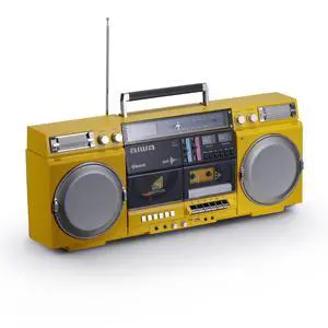 Retro Boombox CD Player with Cassette Recording, Bluetooth 5.0, FM/AM Radio, USB/SD/AUX Inputs, VU Meters, LCD Display, Dual 40W Speakers - Yellow Retro Boombox CD Player with Cassette Recording, Bluetooth 5.0, FM/AM Radio, USB/SD/AUX Inputs, VU Meters, LCD Display, Dual 40W Speakers - Yellow