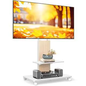 Heavy Duty Rolling TV Stand for 55-100 inch Large Screens | Supports up to 172 lbs (150 lbs TV + 22 lbs Shelf), Mobile TV Cart with Wooden Base and Alloy Wheels, White and Oak Heavy Duty Rolling TV Stand for 55-100 inch Large Screens | Supports up to 172 lbs (150 lbs TV + 22 lbs Shelf), Mobile TV Cart with Wooden Base and Alloy Wheels, White and Oak