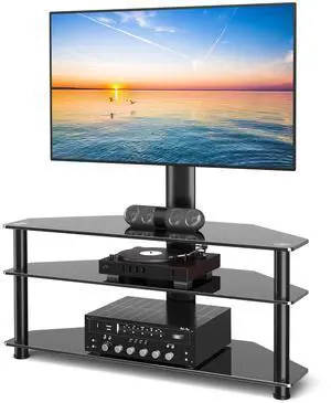 TAVR Swivel Floor TV Stand with Table for 32-70 Inch TVs | Universal Height Adjustable Glass TV Stand with Large Storage Shelves, Strong Corner TV Stand Mount Holds up to 88lbs, Black TAVR Swivel Floor TV Stand with Table for 32-70 Inch TVs | Universal Height Adjustable Glass TV Stand with Large Storage Shelves, Strong Corner TV Stand Mount Holds up to 88lbs, Black