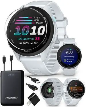 Garmin Forerunner 70 (Whitestone) GPS Running Watch Power Bundle | Entry-Level, Vibrant AMOLED Touchscreen, 13-Day Battery | Includes 5000mAh Portable Charger, Screen Protectors & Wall Adapter Garmin Forerunner 70 (Whitestone) GPS Running Watch Power Bundle | Entry-Level, Vibrant AMOLED Touchscreen, 13-Day Battery | Includes 5000mAh Portable Charger, Screen Protectors & Wall Adapter