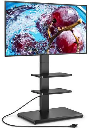 Floor TV Stand with Power Outlet and 2 Shelves for 32-75 Inch TVs, TV Stand with Height Adjustment, Swivel TV Stand Holds up to 110 lbs, Max VESA 400x400mm, Wooden Base for Living Room Bedroom Floor TV Stand with Power Outlet and 2 Shelves for 32-75 Inch TVs, TV Stand with Height Adjustment, Swivel TV Stand Holds up to 110 lbs, Max VESA 400x400mm, Wooden Base for Living Room Bedroom