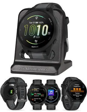 Garmin Forerunner 165 GPS Smartwatch, Black/Slate Gray | AMOLED Display, Daily Workouts, PacePro | Signature Series Modern Power Stand Bundle Garmin Forerunner 165 GPS Smartwatch, Black/Slate Gray | AMOLED Display, Daily Workouts, PacePro | Signature Series Modern Power Stand Bundle