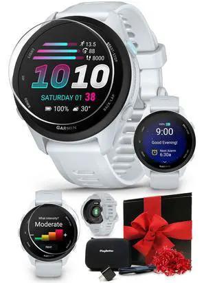 Garmin Forerunner 70 (Whitestone) GPS Running Watch Gift Box Bundle | Entry-Level, Vibrant AMOLED Touchscreen, 13-Day Battery | Includes Screen Protectors, Wall Adapter & Hard Case Garmin Forerunner 70 (Whitestone) GPS Running Watch Gift Box Bundle | Entry-Level, Vibrant AMOLED Touchscreen, 13-Day Battery | Includes Screen Protectors, Wall Adapter & Hard Case