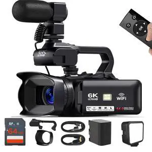 4K/6K Camcorder Video Camera 64MP 60FPS Vlogging Camera for YouTube, WiFi, LED Light, Mic, 64GB SD Card Live Stream Webcam 4K/6K Camcorder Video Camera 64MP 60FPS Vlogging Camera for YouTube, WiFi, LED Light, Mic, 64GB SD Card Live Stream Webcam